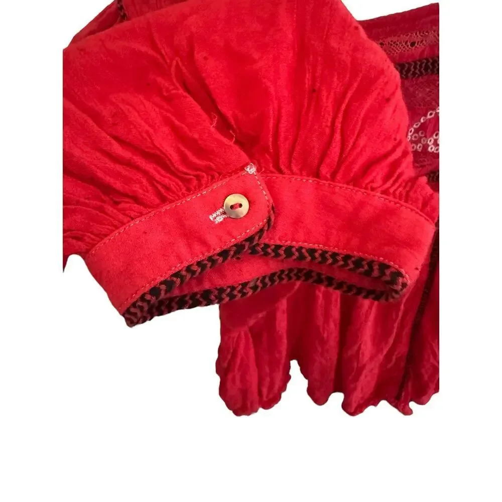 Free People Red Boho‎ Embroidered Lace Peasant Top Women’s Size S
